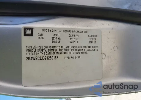 2002 Buick Century Custom из США, поврежденный, VIN 2G4WS52J321269152